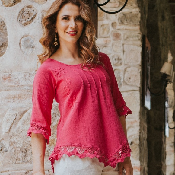 Crinkle Cotton/Embroidered/Lace Blouse - Picture 2 of 7